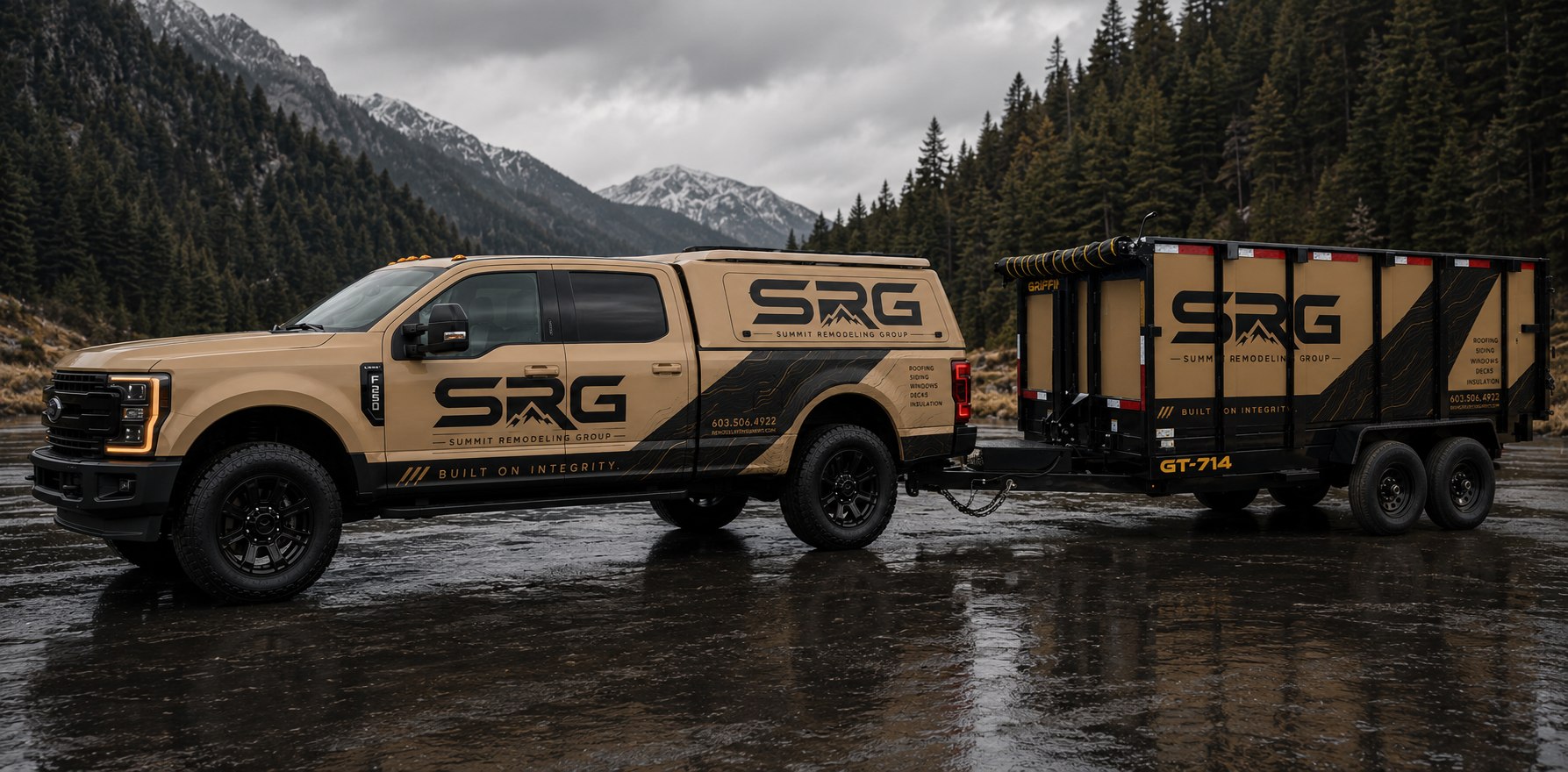 Summit Remodeling Group wrapped truck and trailer pictured in a mountain setting